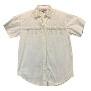 VTG S. Square Womens Embellished Button Down Short Sleeve Shirt Cotton Sz Small